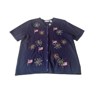 Vtg Croft & Barrow Womans Large Short Sleeve Cardigan Navy Button Up USA Holiday